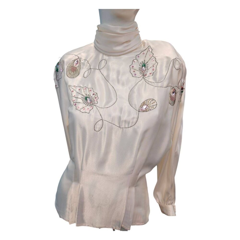 NilAni Cream Beaded Vintage Silky Top Size 6 Vintage 80's